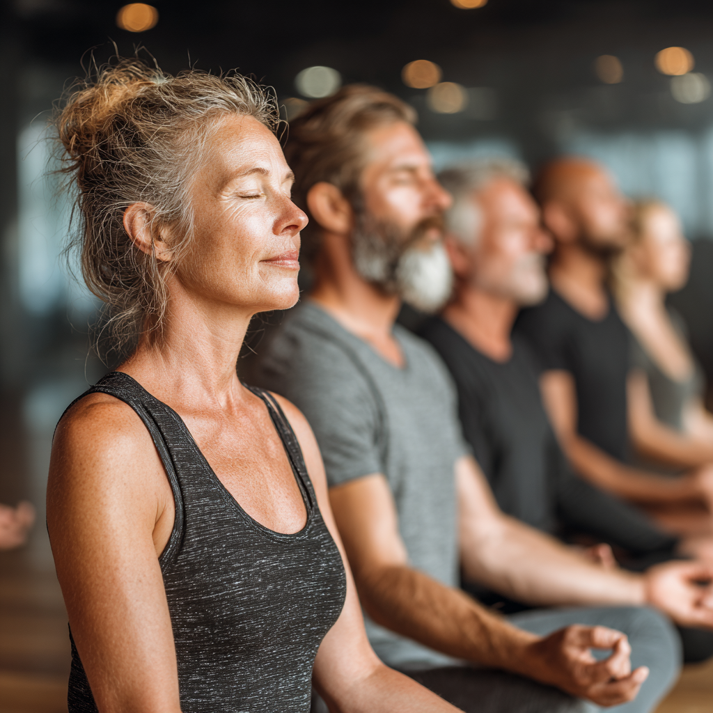 Group of diverse adults in their 40s and 50s practicing yoga together in peaceful studio environment, sitting in meditation pose, wearing comfortable yoga clothing, creating atmosphere of community and mindfulness